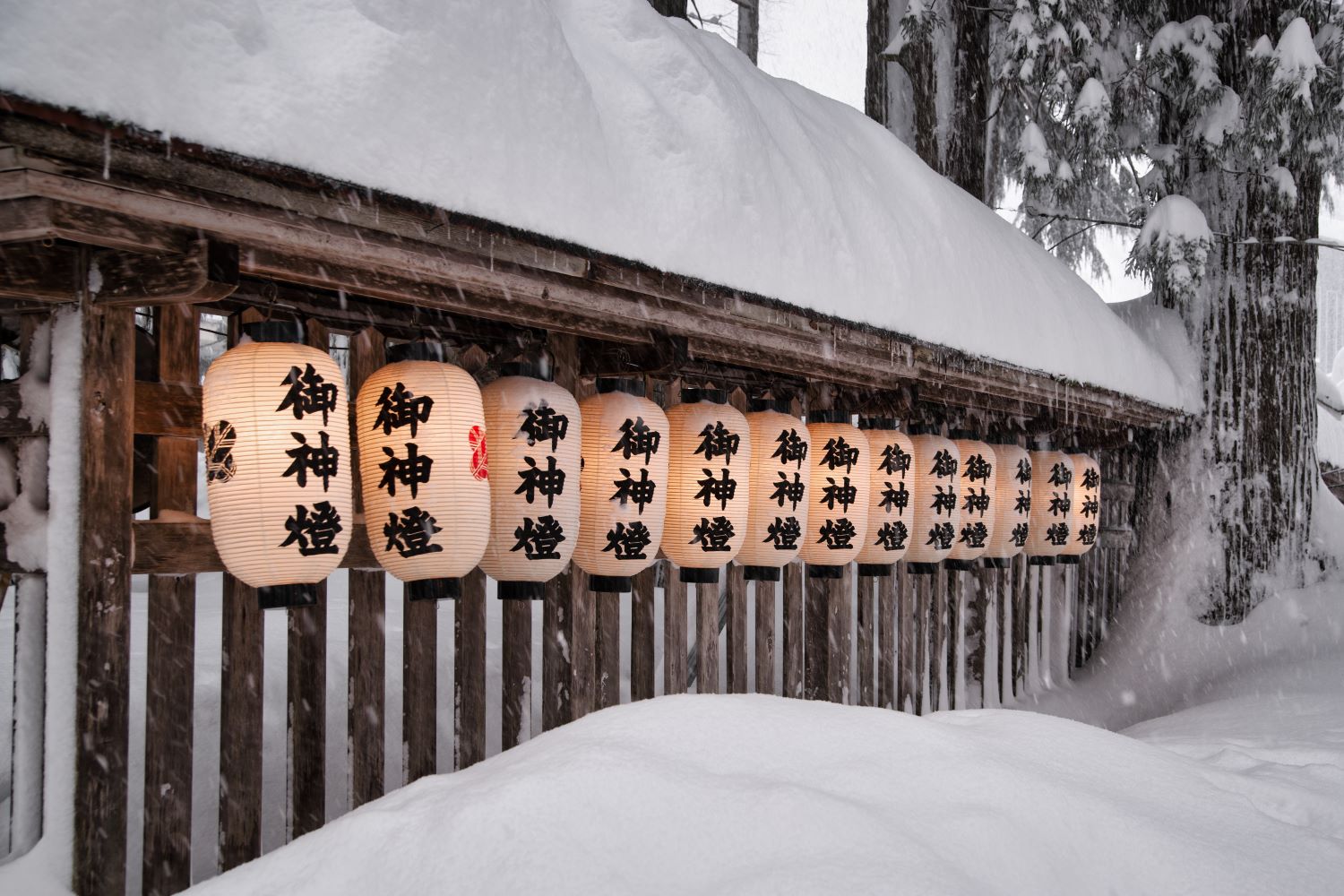 Lanterns lining the approach to Oyama Shrine. They emit a warm glow atop the snow-covered wooden fence.