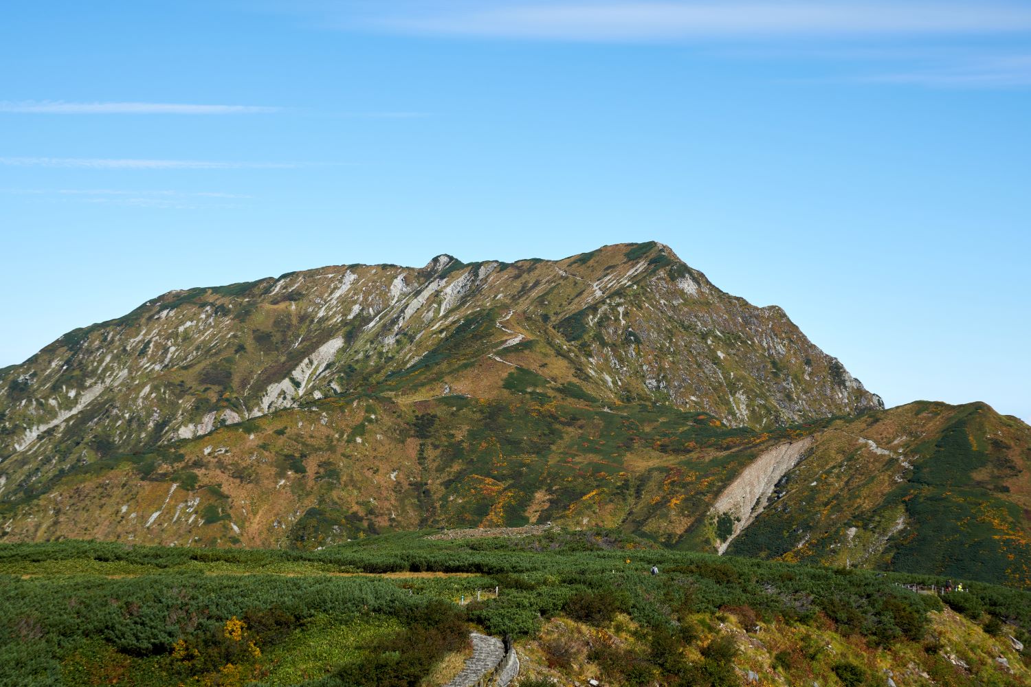 Against the blue sky, the slopes of Mount Okudainichi spread with a mottled pattern of autumn leaves and greenery.