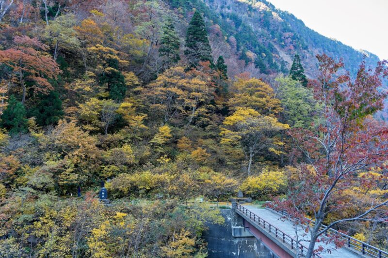 The entrance to Hachirozaka at Shomyo Falls, scenes of the mountain slopes enveloped in autumn foliage and the trailhead.