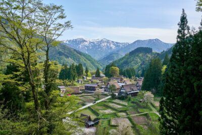 A village of gassho-style houses and distant mountain views