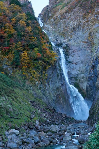 The 350-meter-high Shōmyō Falls cascading down the cliff face. On both sides of the falls, trees ablaze with red and yellow hues spread out, the autumn colors enhancing the waterfall's beauty.