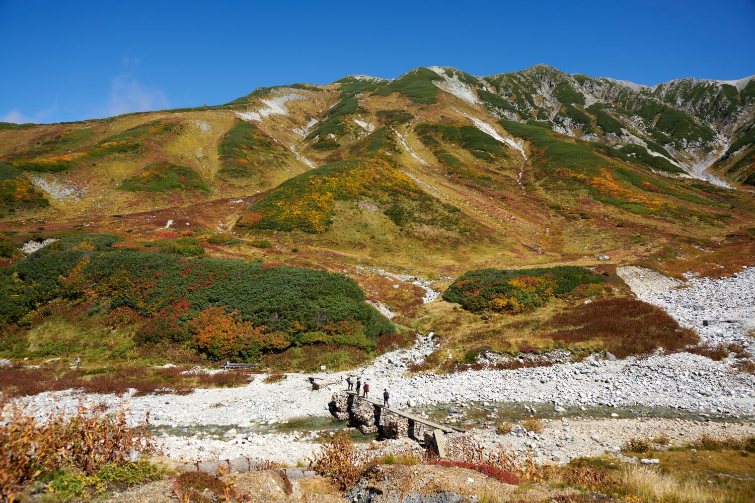 Hikers crossing the stone bridge toward Bessan, with the mountain slopes of Raichōzawa colored by autumn leaves as a backdrop