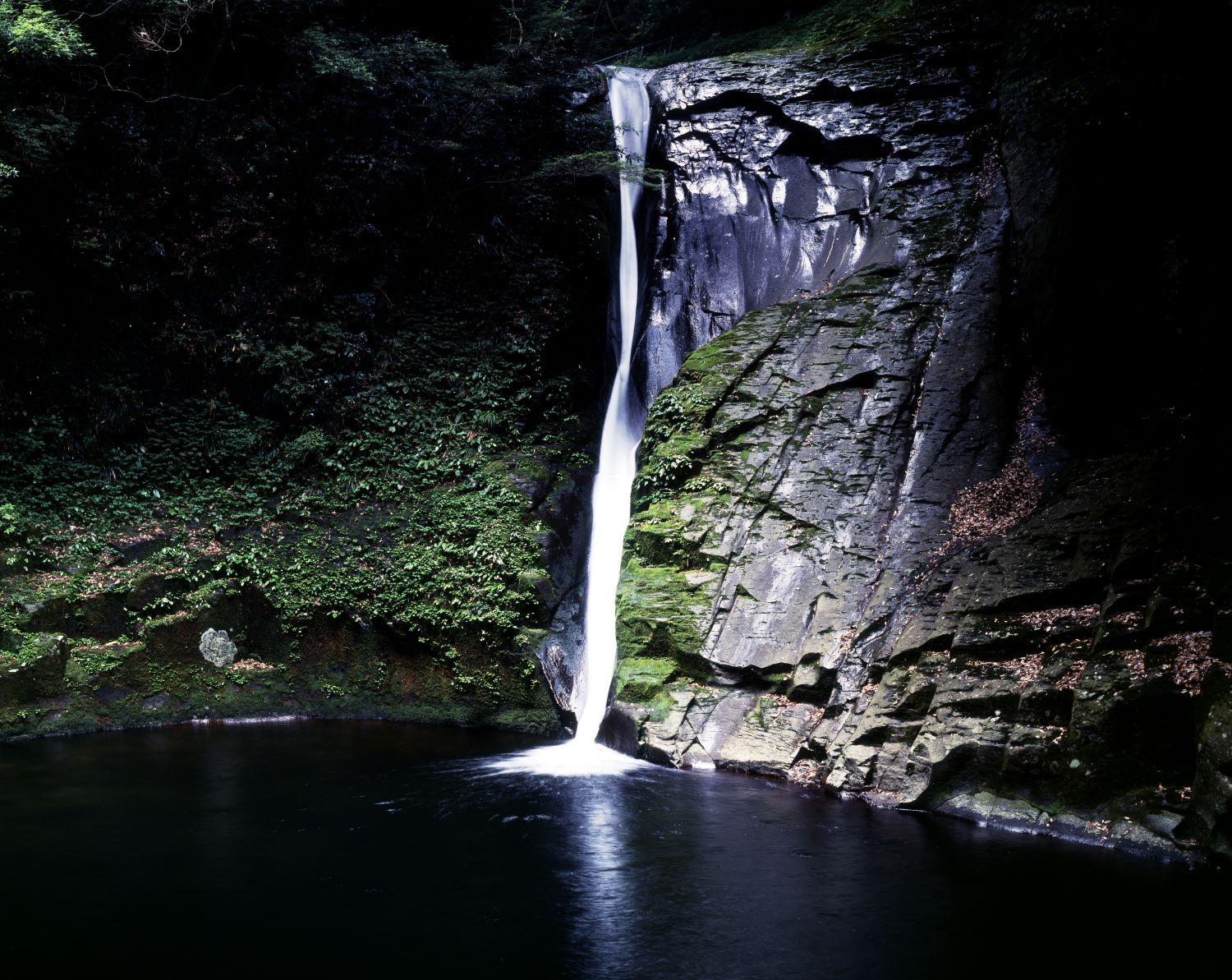 The sight of Fudō Falls, one of the Akame Forty-Eight Waterfalls, cascading straight down from a cliff approximately 15 meters high. Surrounded by moss-covered rock walls and a tranquil pool at the base.