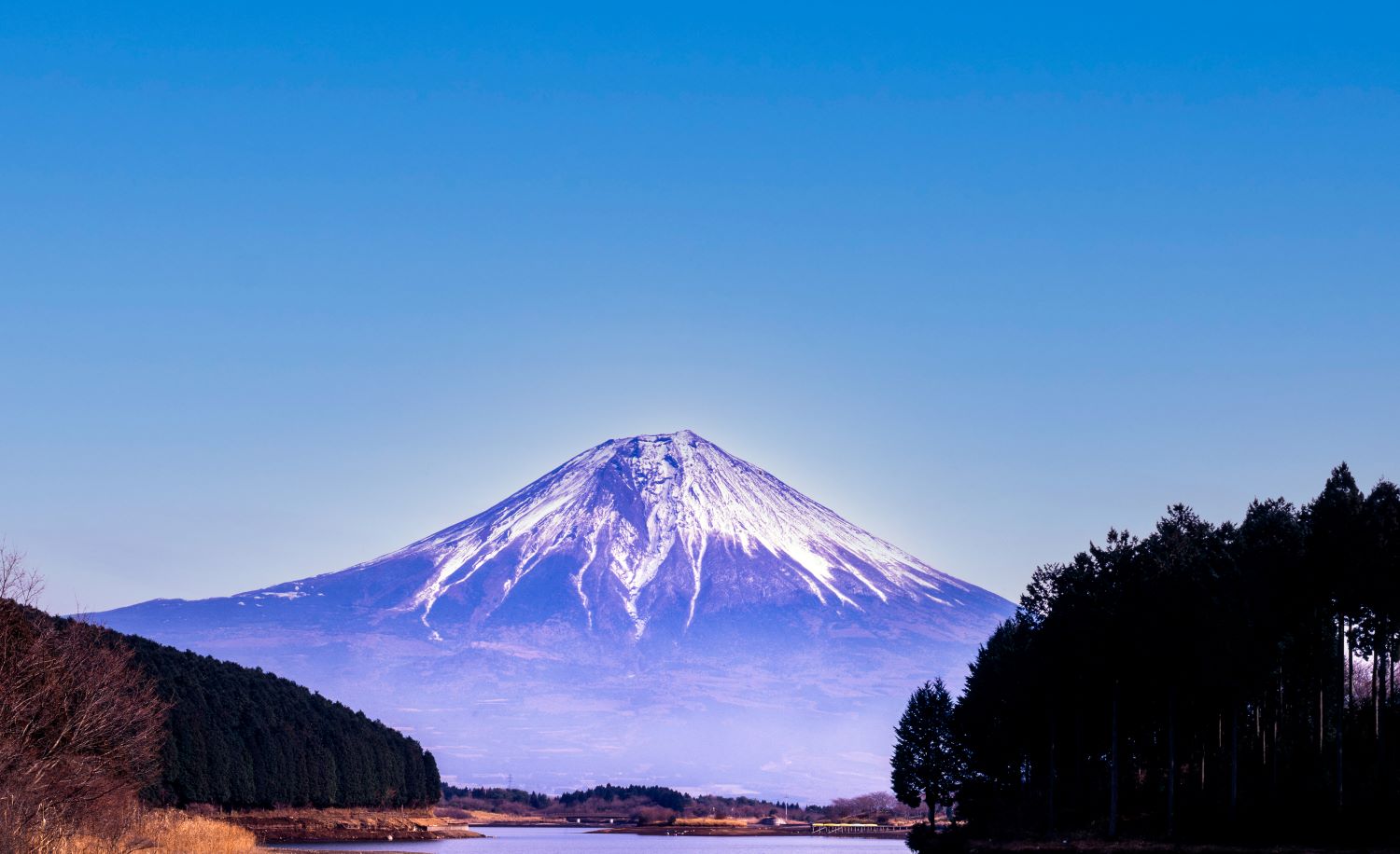 Mount Fuji seen from Lake Tanuki in winter. A snow-capped mountain against blue skies, a tranquil scene reflected on the lake's surface.
