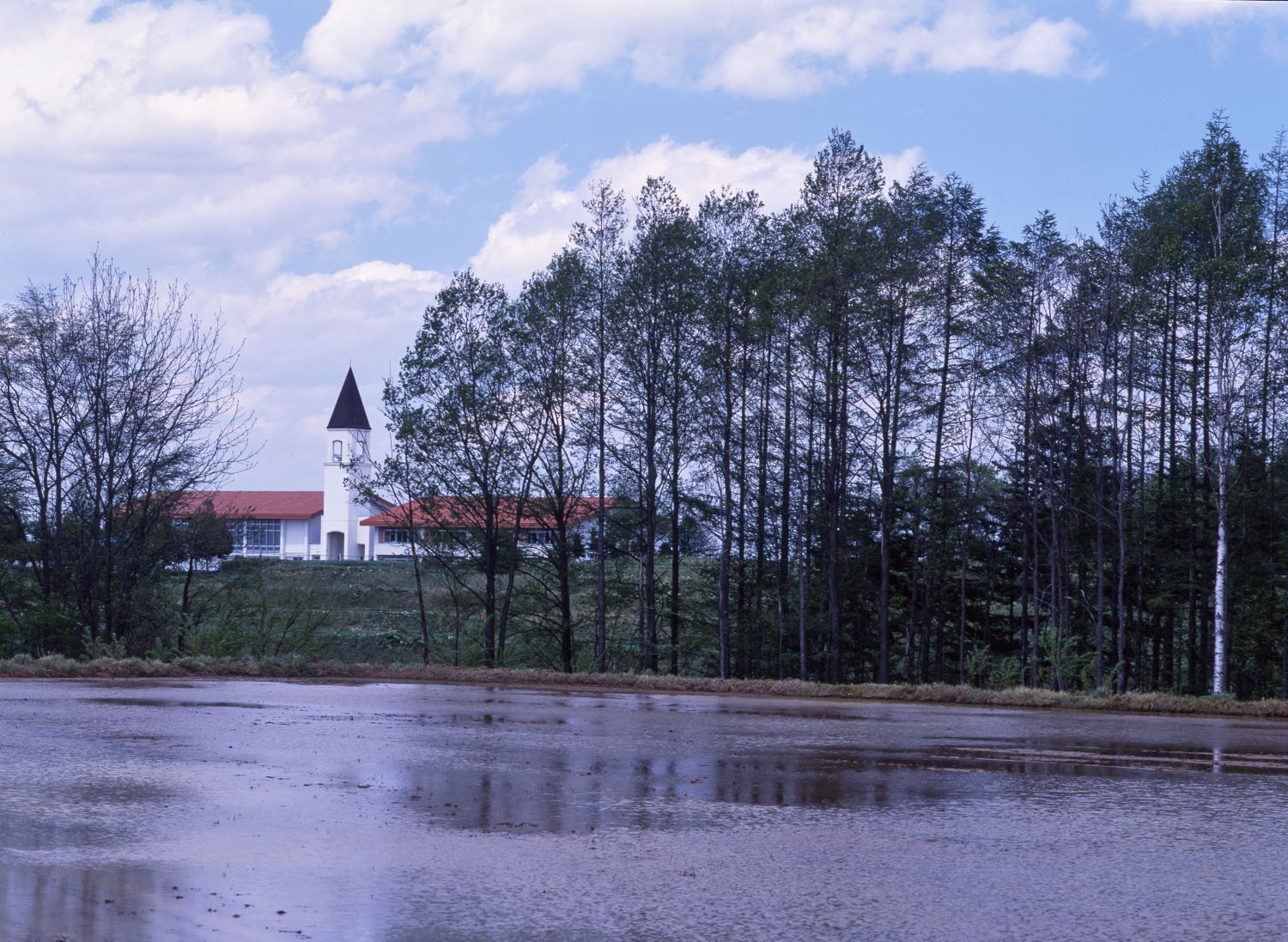 A landscape photograph showing the red roof and spire of Mima-ushi Elementary School reflected in a water-filled rice paddy.