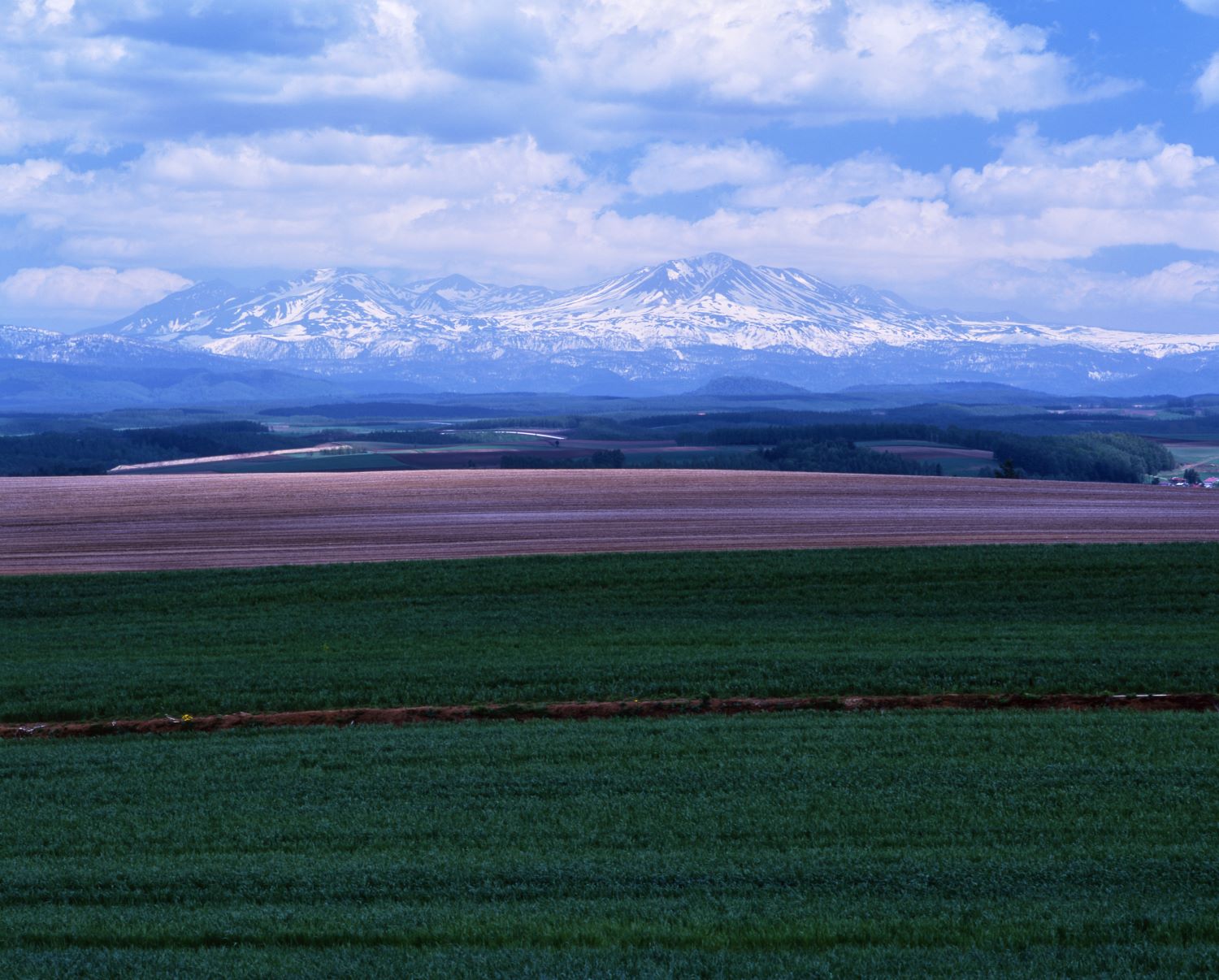 A landscape photograph showing fields of green and brown stretching out, with the Daisetsuzan mountain range visible beyond.