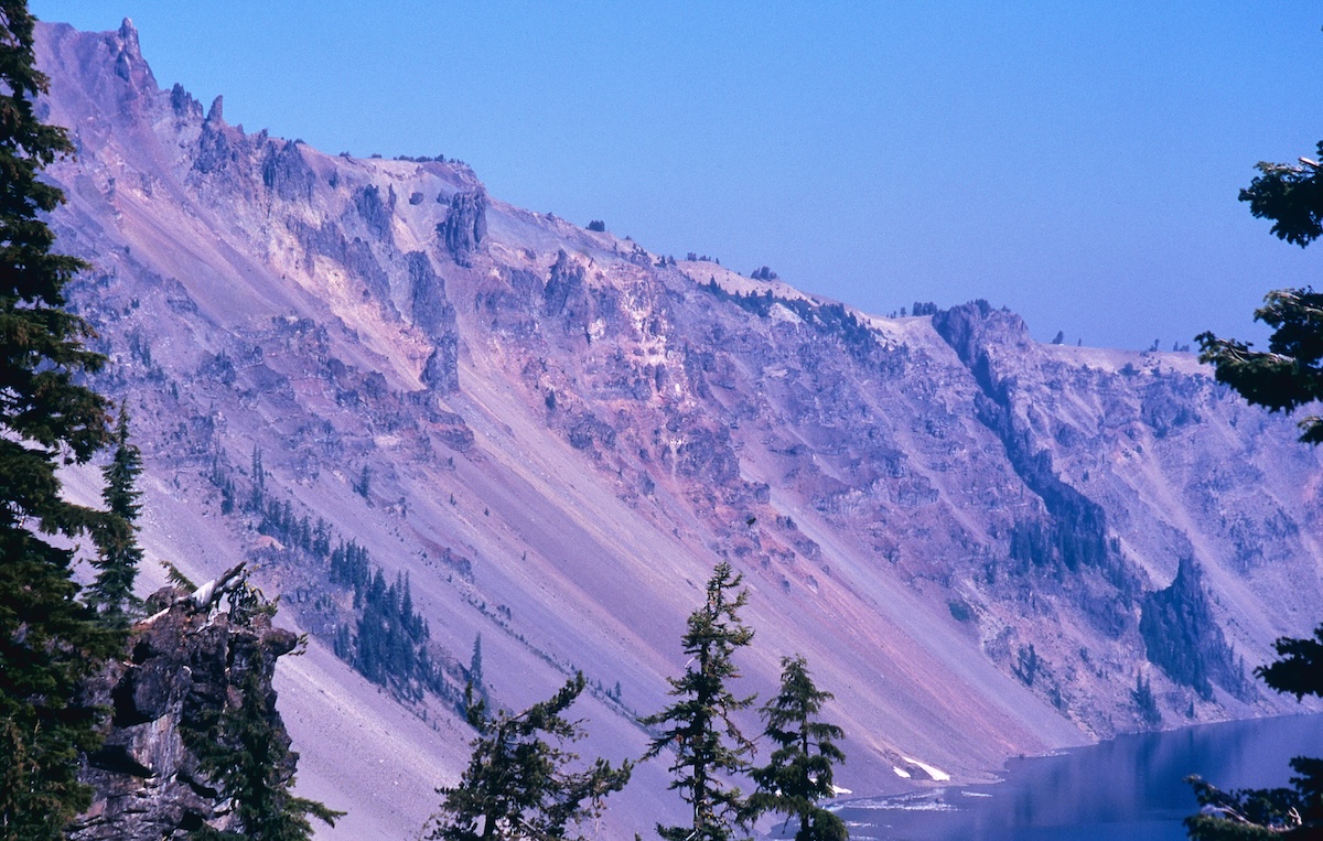 Details of volcanic strata carved into the cliffs of Crater Lake