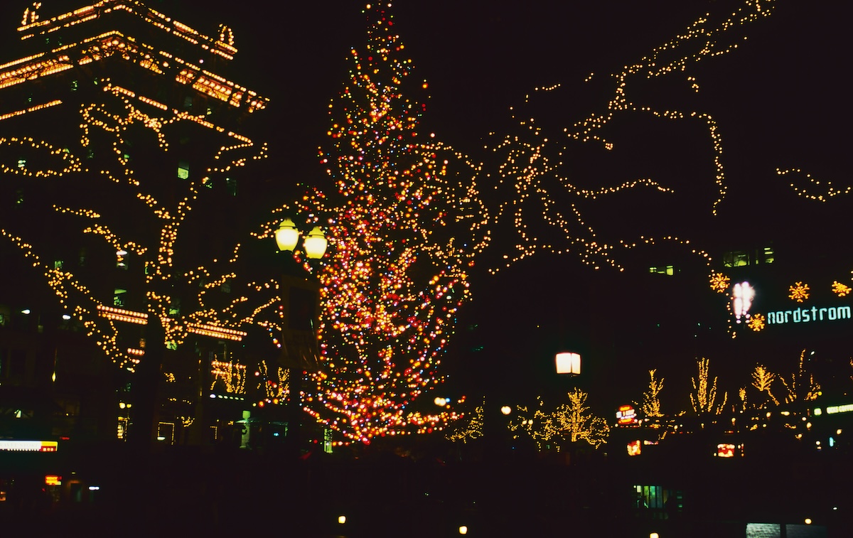 Night view of Portland's Pioneer Square and its sparkling illuminations