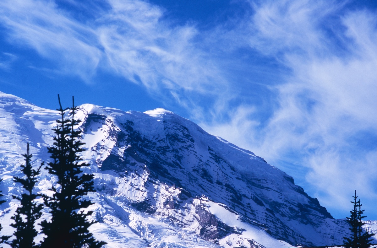 The summit of Mount Rainier and the surrounding snowfields illuminated by the afternoon light.