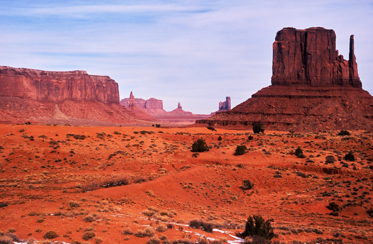 Snow-capped West Mitten Butte. Monument Valley's winter landscape.