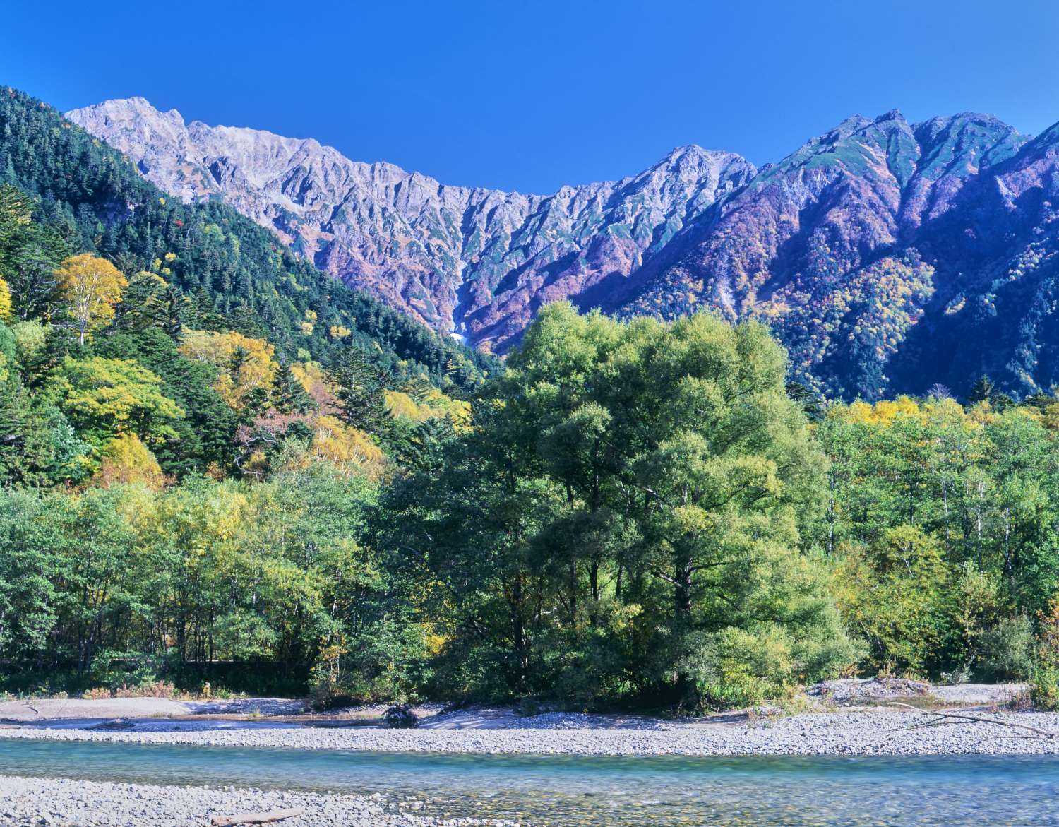 Autumn foliage scenery of the Hotaka mountain range seen across the Azusa River near Kappa Bridge.