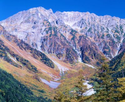 Looking up at the autumn Hotaka Range from Konashidaira. The autumn leaves and blue sky are beautiful.
