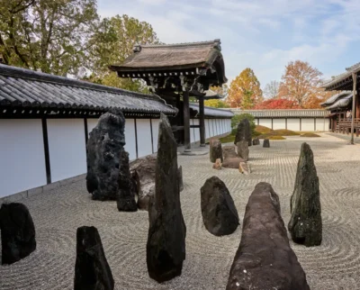 Rock garden in the South Garden of Tofuku-ji Hojo with tall standing stones and finely raked gravel patterns