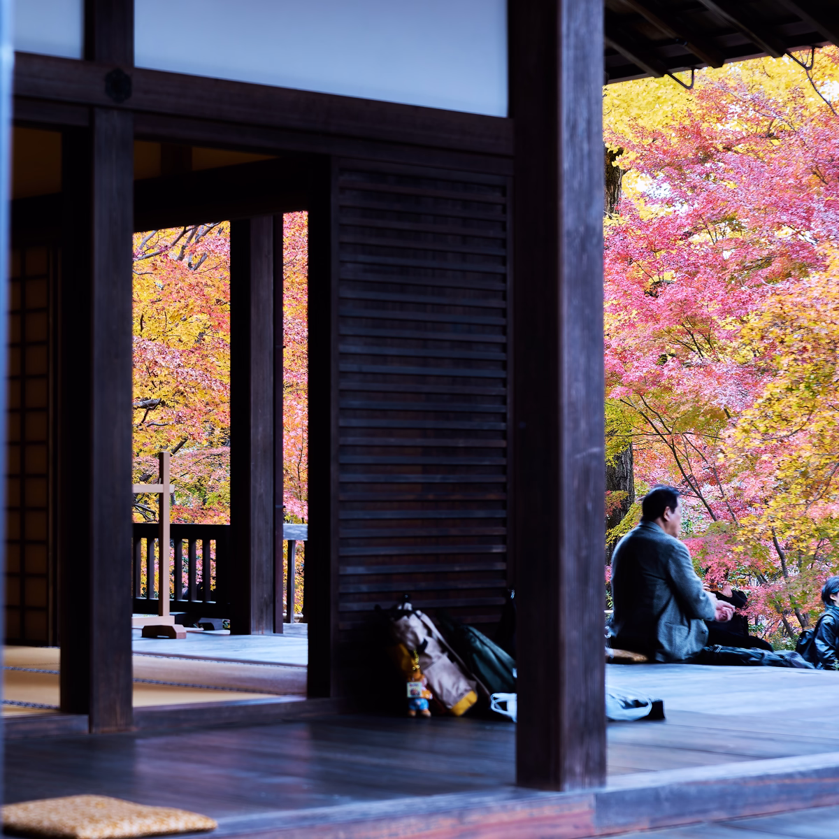 Visitors resting on the veranda of Jojakko-ji’s main hall with bright autumn maple leaves filling the background